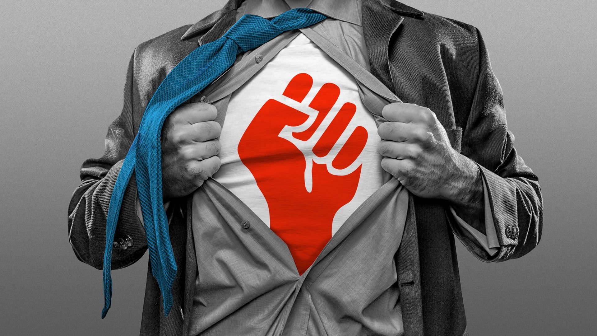 Illustration of a man tearing open a suit like superman to reveal a raised progressive fist symbol beneath