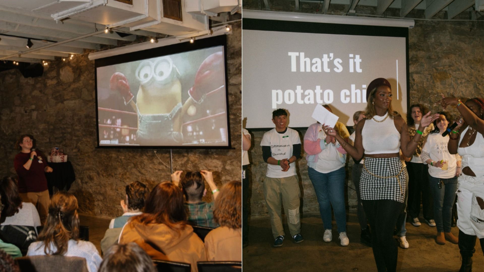 Event in brick-walled venue: left panel shows a man with a mic beside a cartoon on a projector; right panel shows a woman in white leading a group while a screen reads "That's it potato chi".