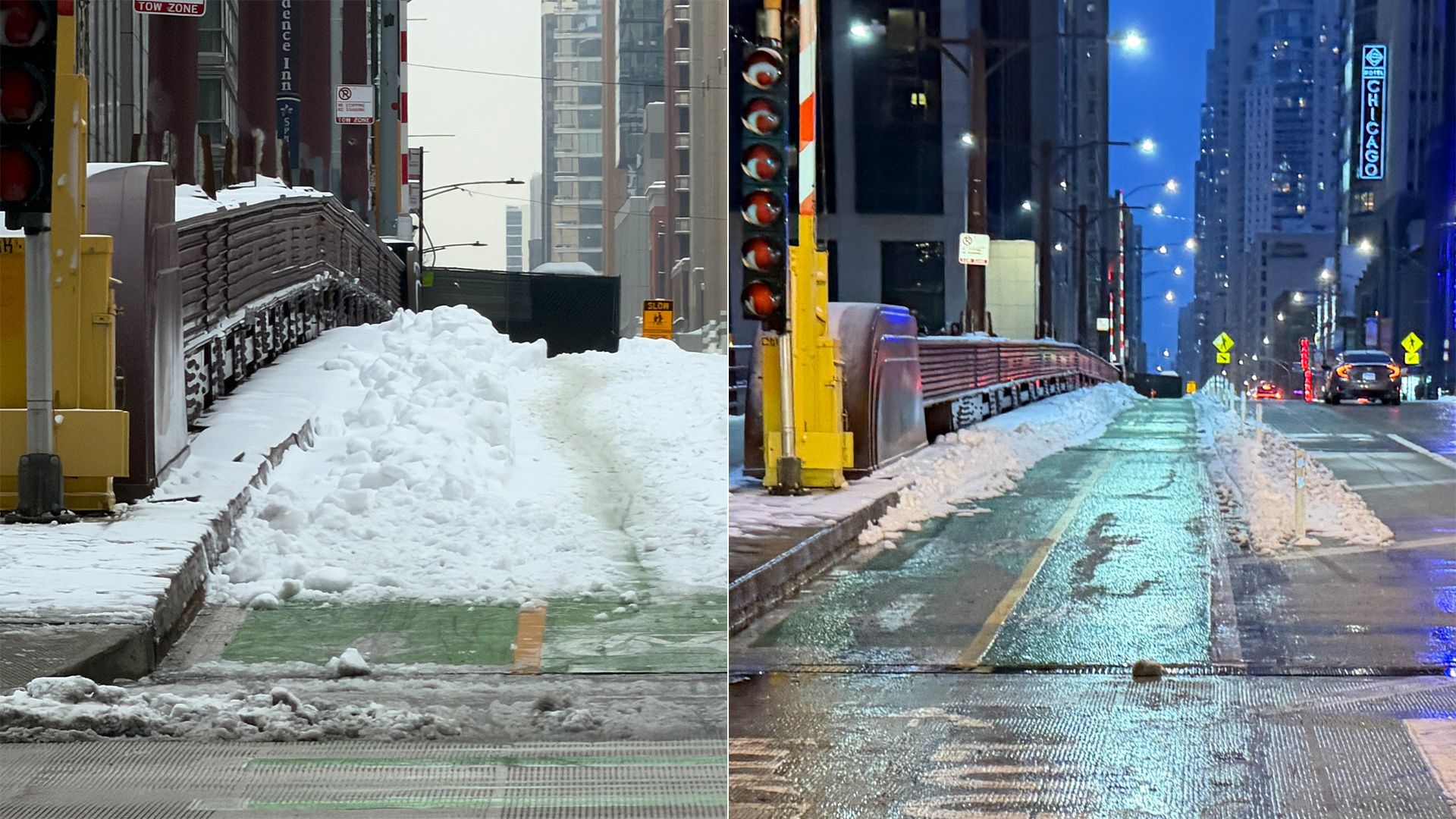 Side-by-side images of a city bike lane and pedestrian pathway covered in snow on the left and cleared and wet at night with streetlights and buildings on the right.
