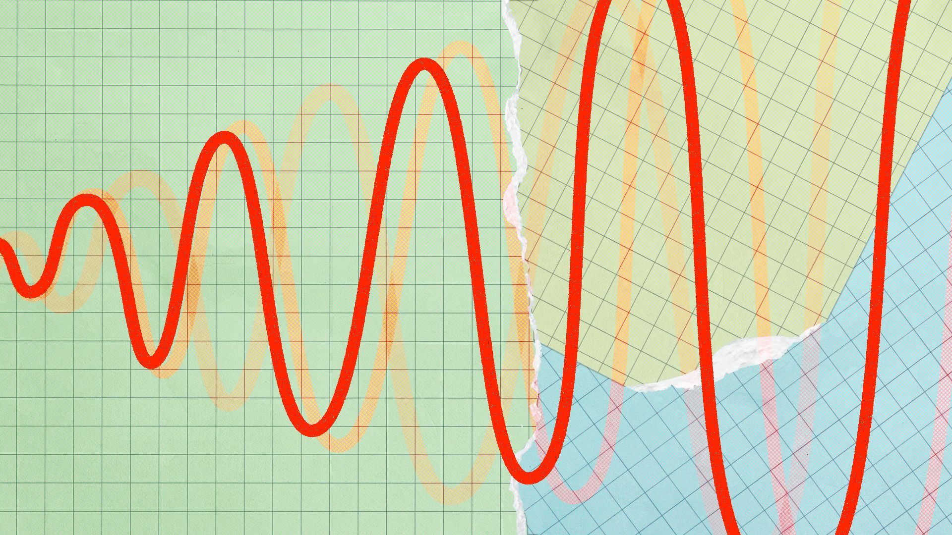 Illustration of pieces of grid paper with an ever growing sine wave going off the pages. 