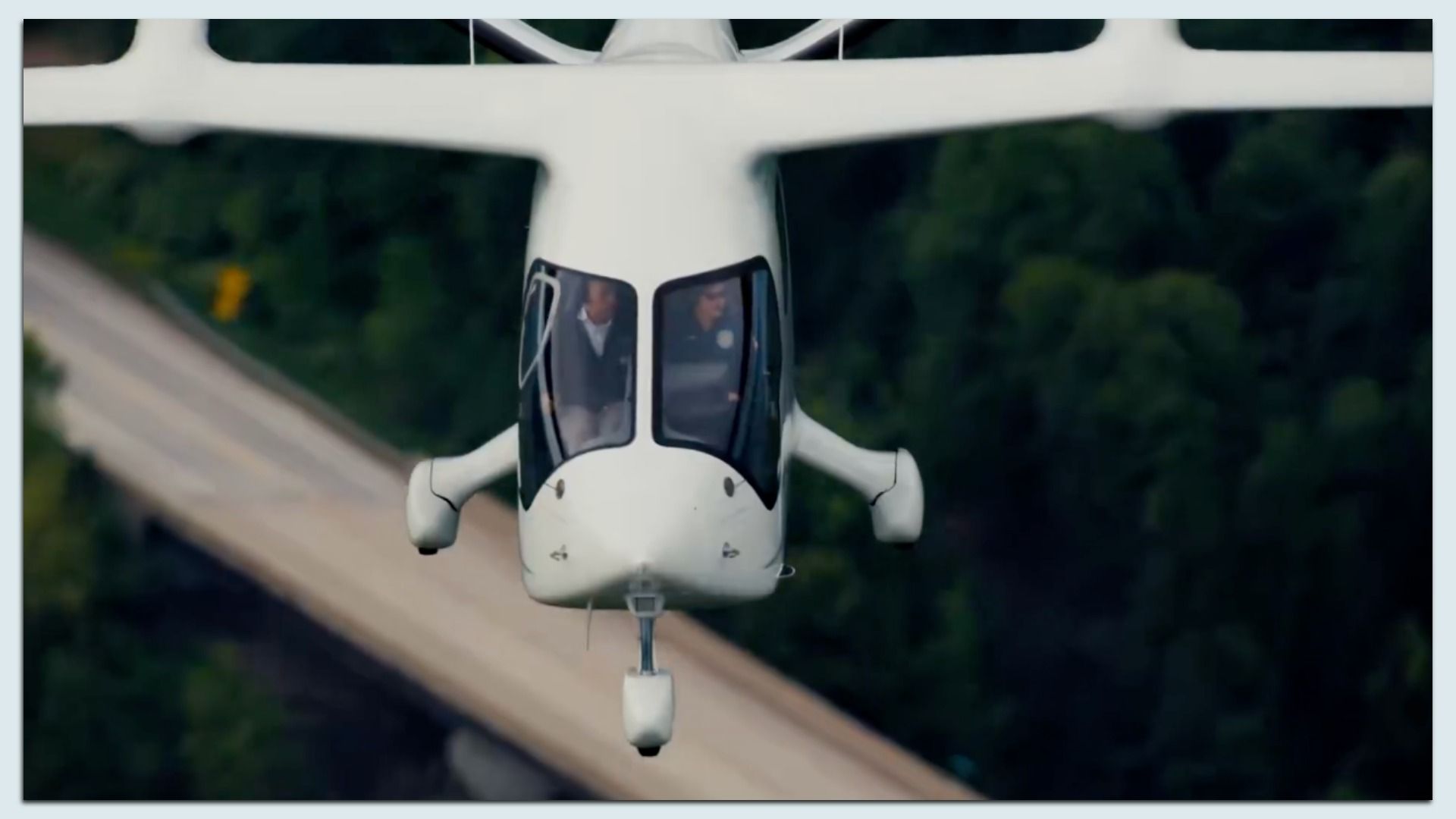 Video still of Transportation Secretary Sean Duffy flying in an electric vertical takeoff and landing aircraft