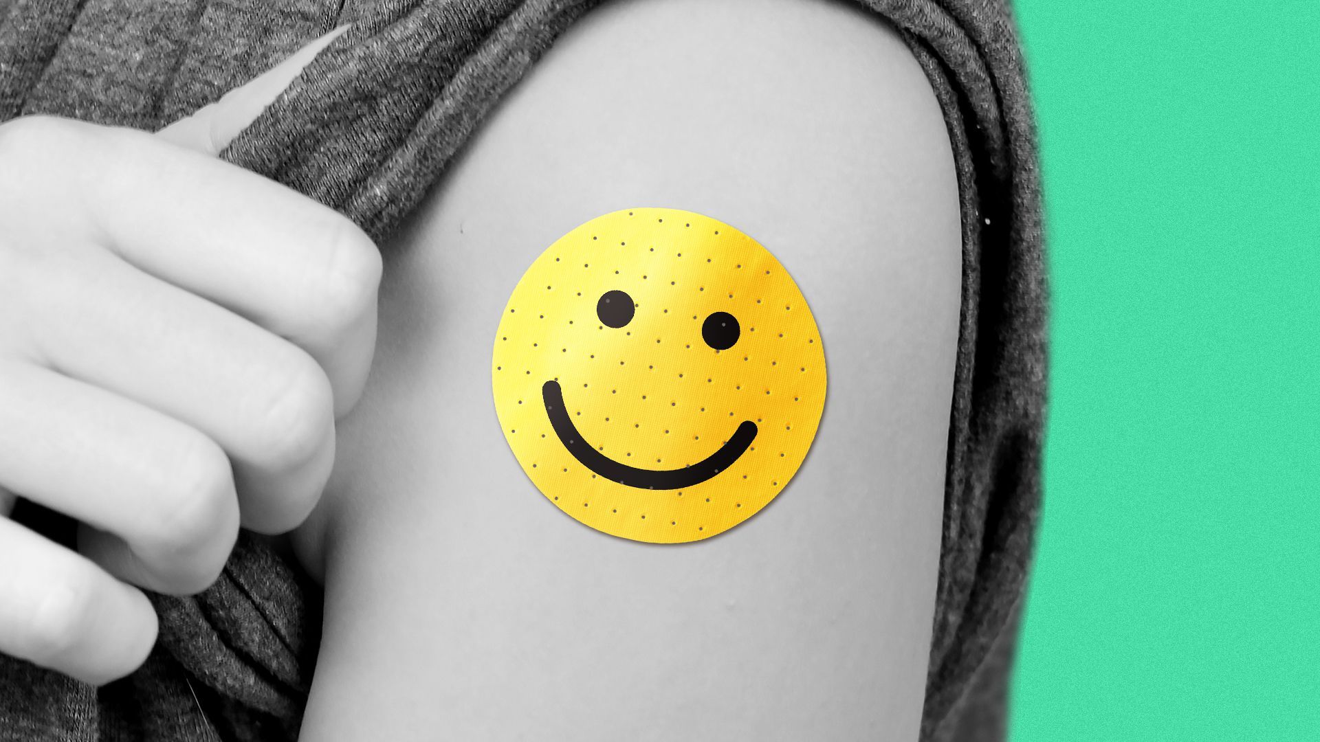 Illustration of a round bandaid in the shape of smiley face on a child's arm