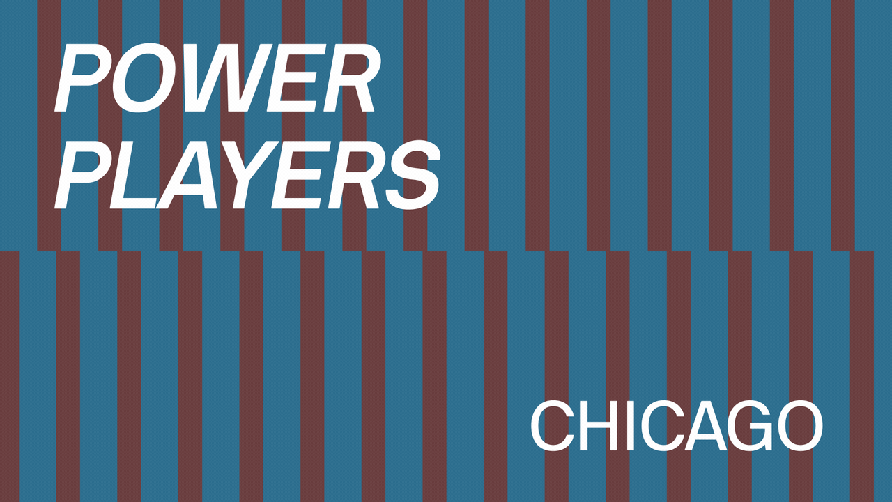 Illustration of two rows of dominos falling with text overlaid that reads Power Players Chicago.