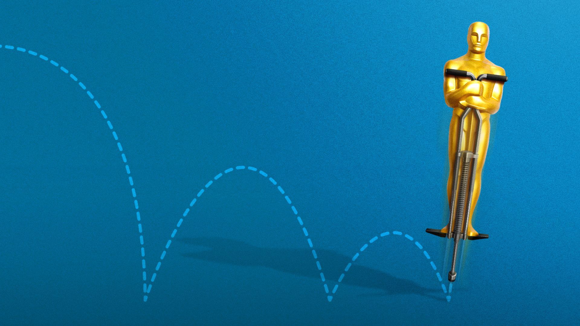 Illustration of the Oscar statuette bouncing on a pogo stick.