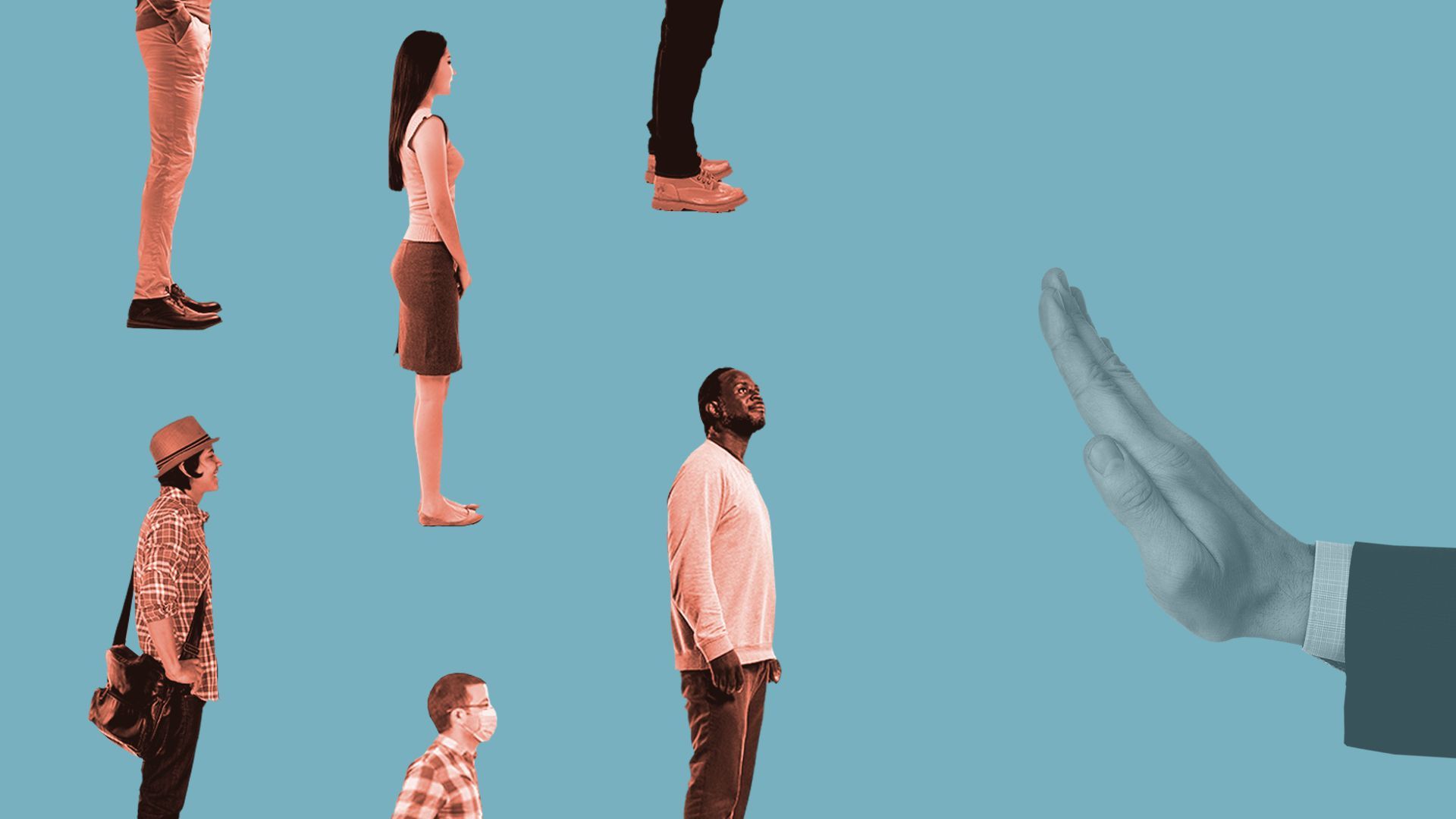 Illustration of workers in full color facing a faded corporate hand