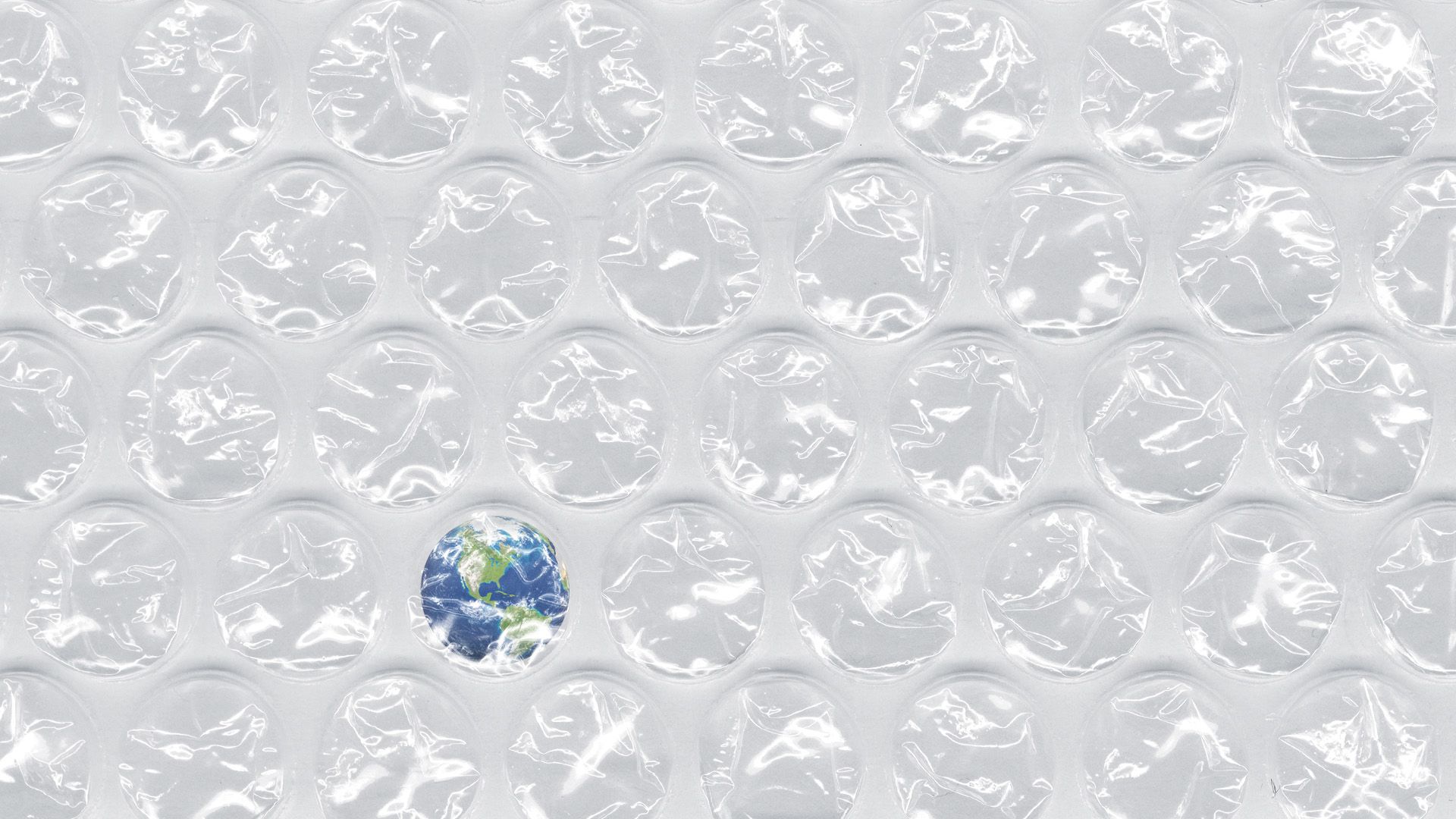 Illustration of plastic bubble wrap with one bubble including the Earth.