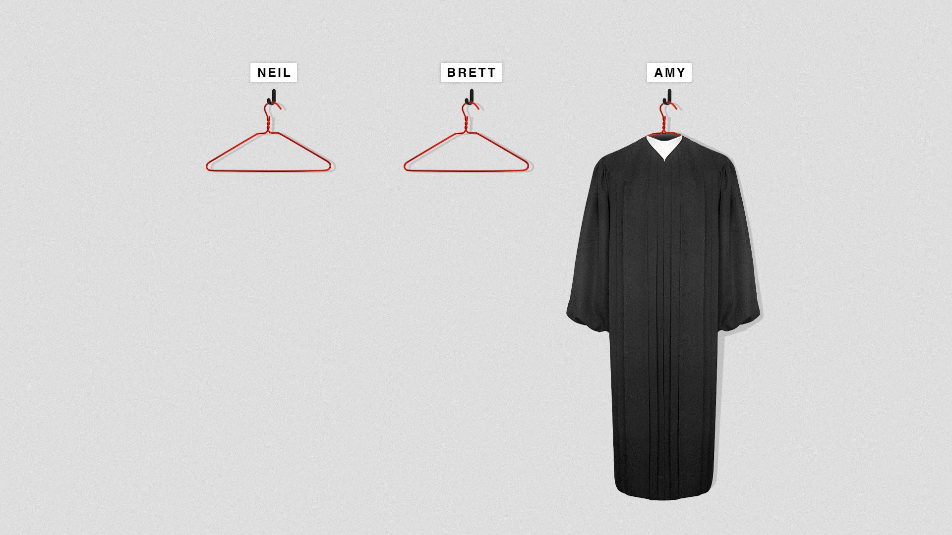 A judge's robe on a wire hanger with a label above reading 'Amy'