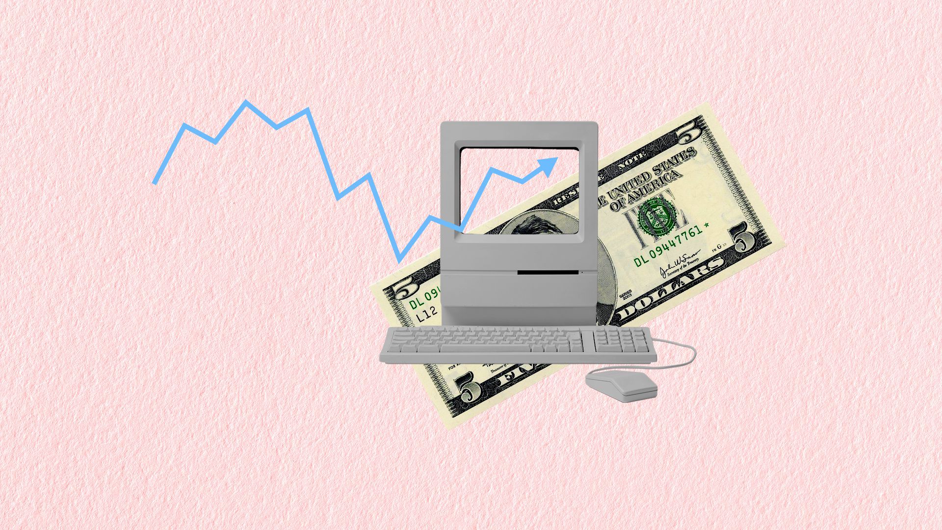 An illustration with a computer, a $5 bill and a stock chart