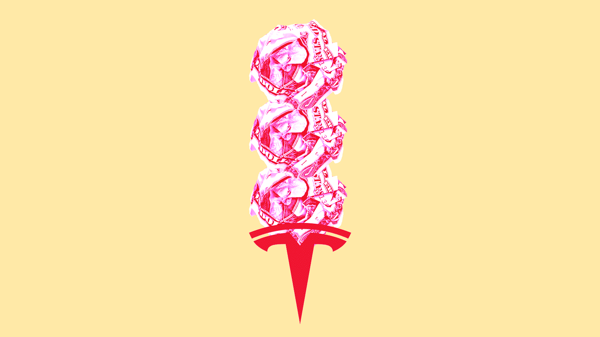 Illustration of Tesla logo as an ice cream cone with money instead of ice cream