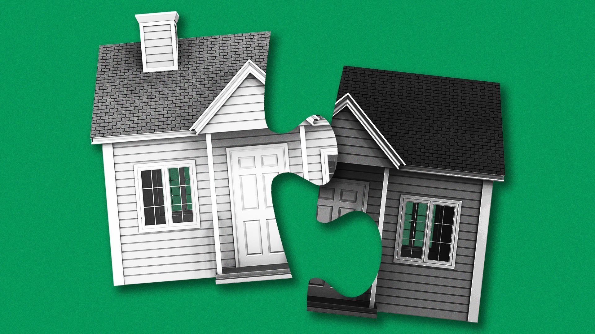 Illustration of a house broken into mismatched puzzle pieces.