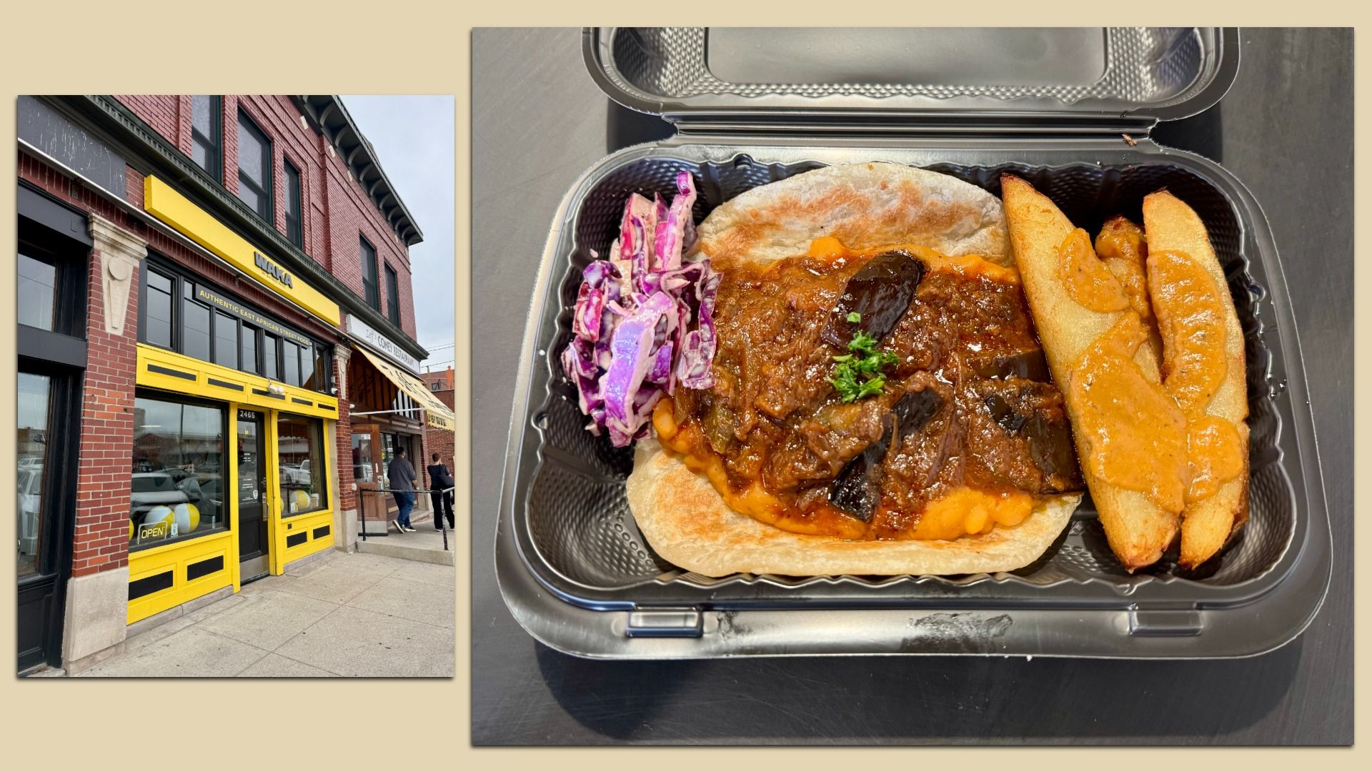 Collage: left shows a brick building with bold yellow storefront trim; right shows an open takeout container with braised eggplant in sauce, purple coleslaw, and fried potato wedges.