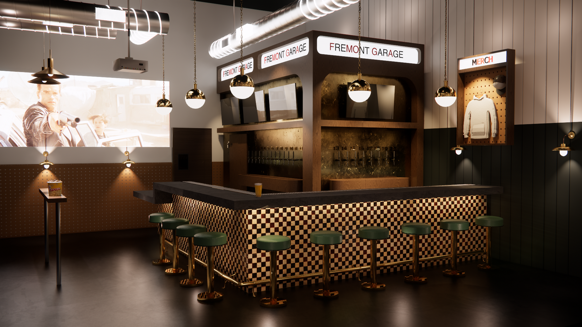 Garage-themed bar with a black-and-white checkered counter, brass stools, hanging globe lights, beer taps, a hoodie merch display, and a large screen projecting a man aiming a gun.