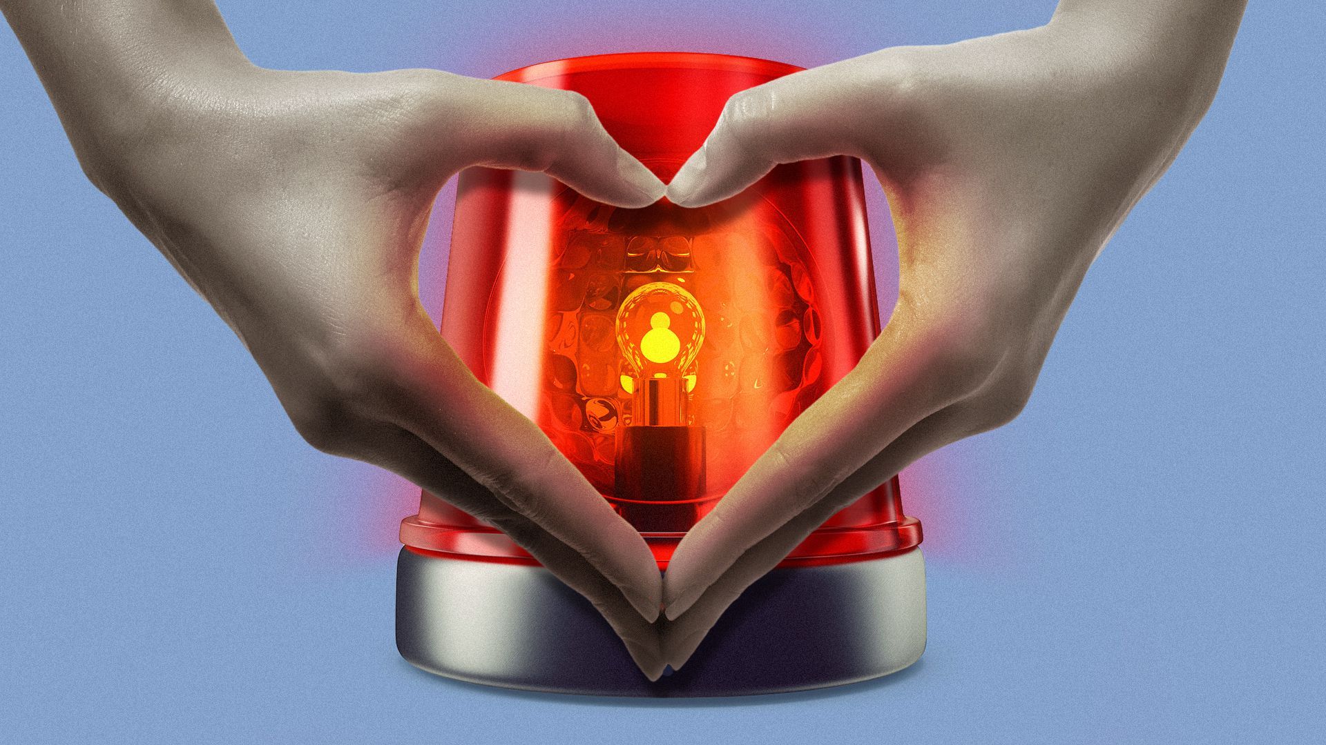 Illustration of a woman's hands making a heart shape over a red siren light.
