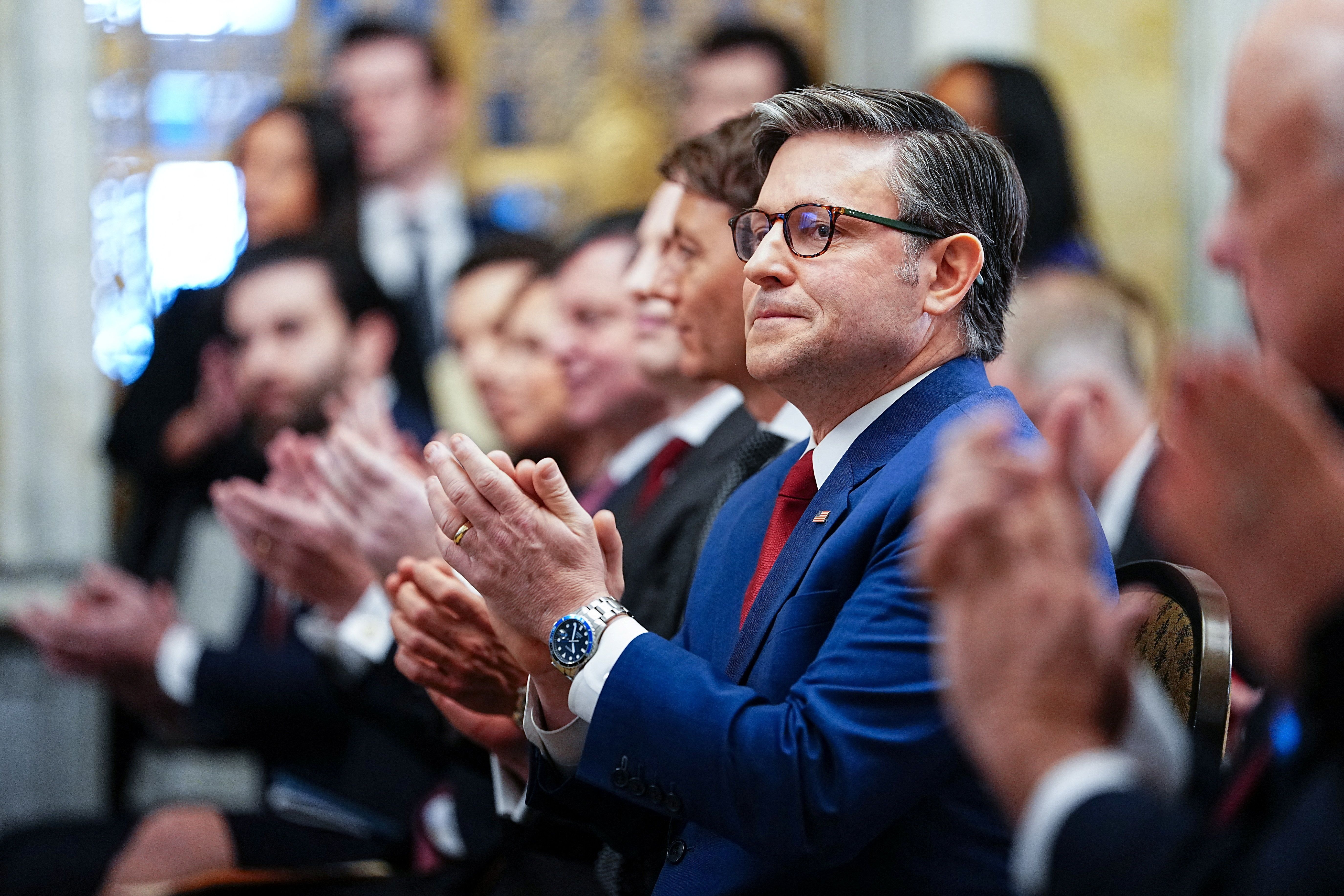 Speaker Mike Johnson attends a press conference on Trump accounts at the Treasury Department yesterday.