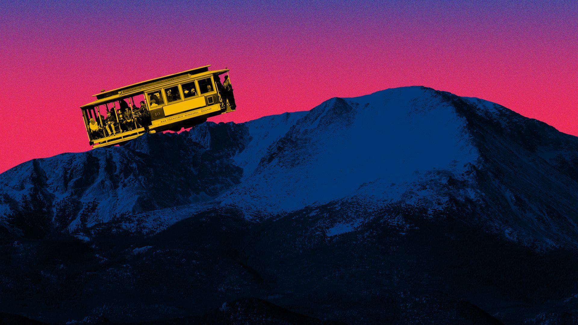 Photo illustration of a San Francisco trolley climbing Pikes Peak.