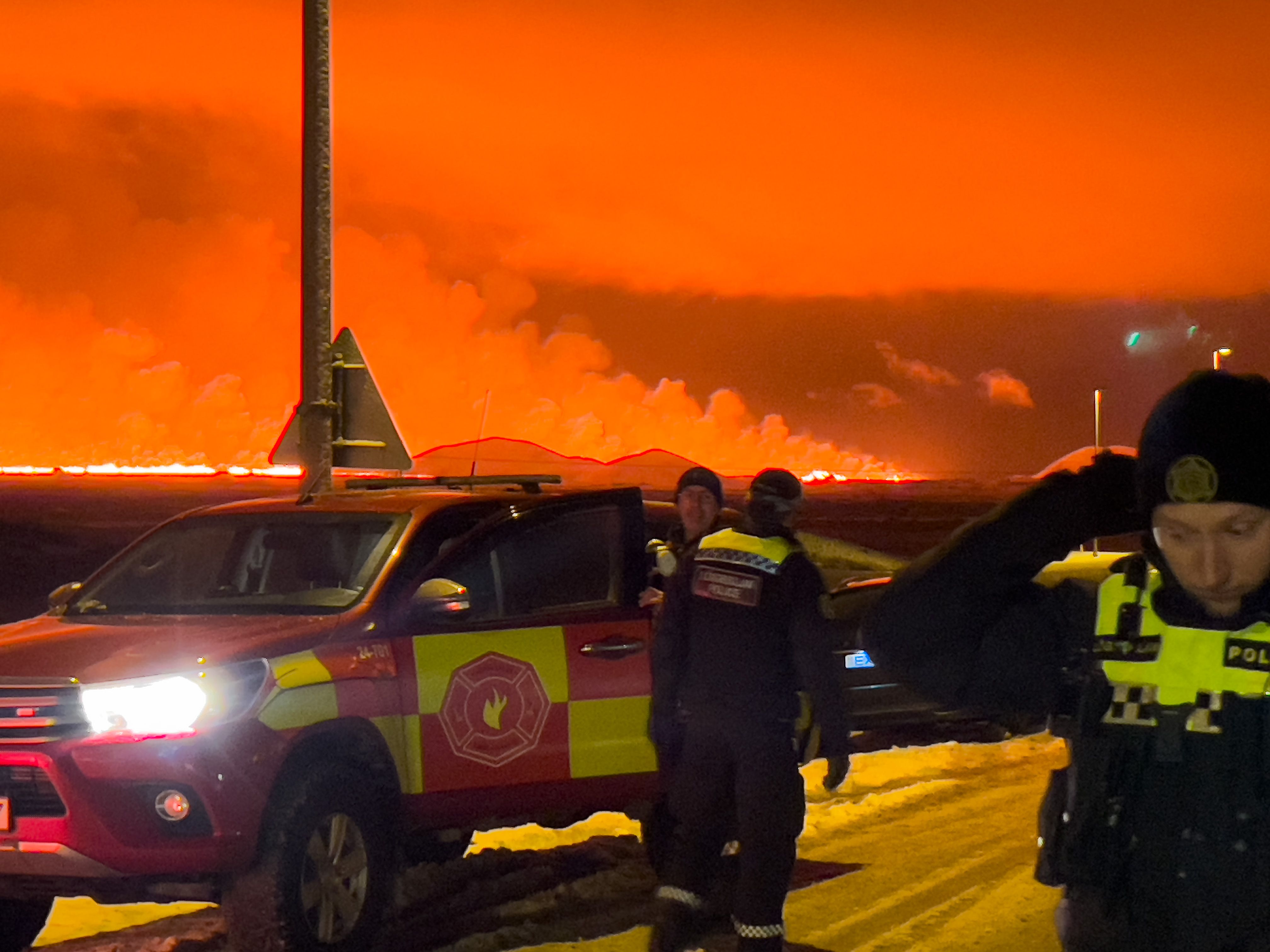 A volcano erupts on the Reykjanes Peninsula near the power station on December 18, 2023 north of Grindavik, Iceland.