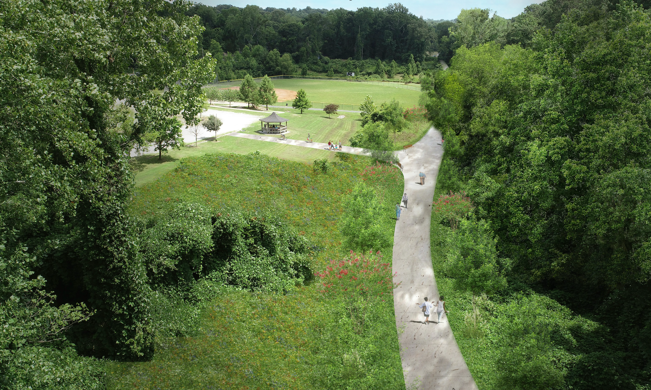 A rendering of a bike path connecting to a leafy green park