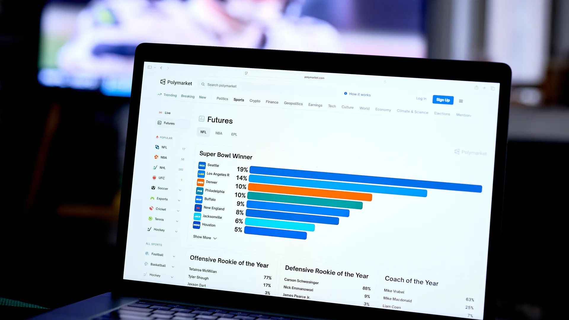 A laptop screen with the word "Futures" above eight bars on a chart showing betting odds for possible Super Bowl winners in descending order. 