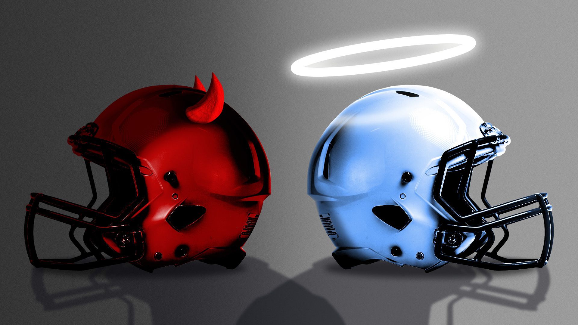 Illustration a football helmet with with a halo next to another with devil horns