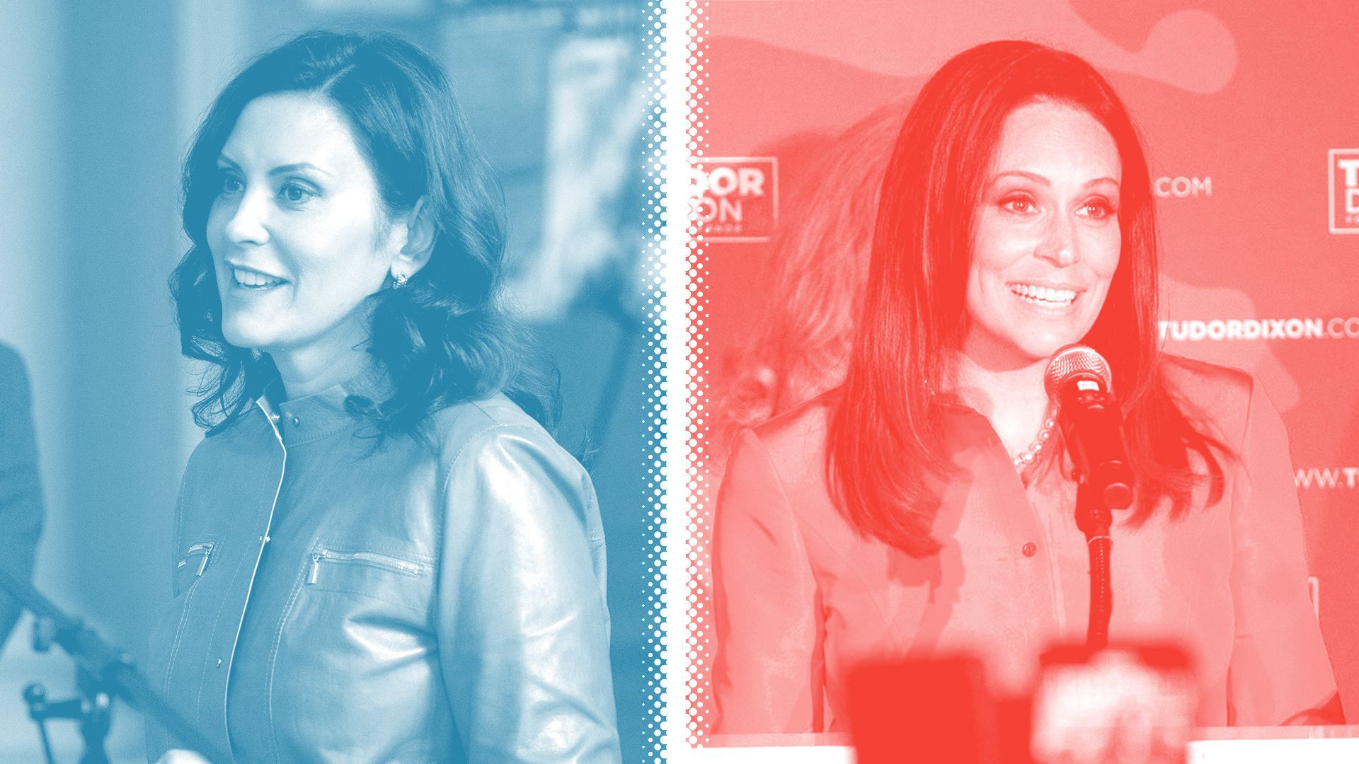 Photo illustration of Gretchen Whitmer, tinted blue, and Tudor Dixon, tinted red, separated by a white halftone divider.