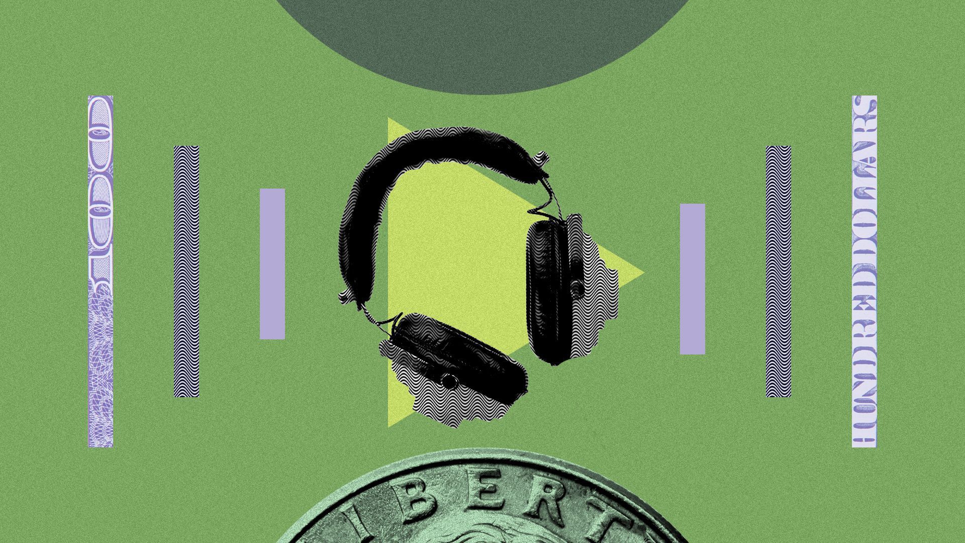 Illustration of headphones against a dollar and coins