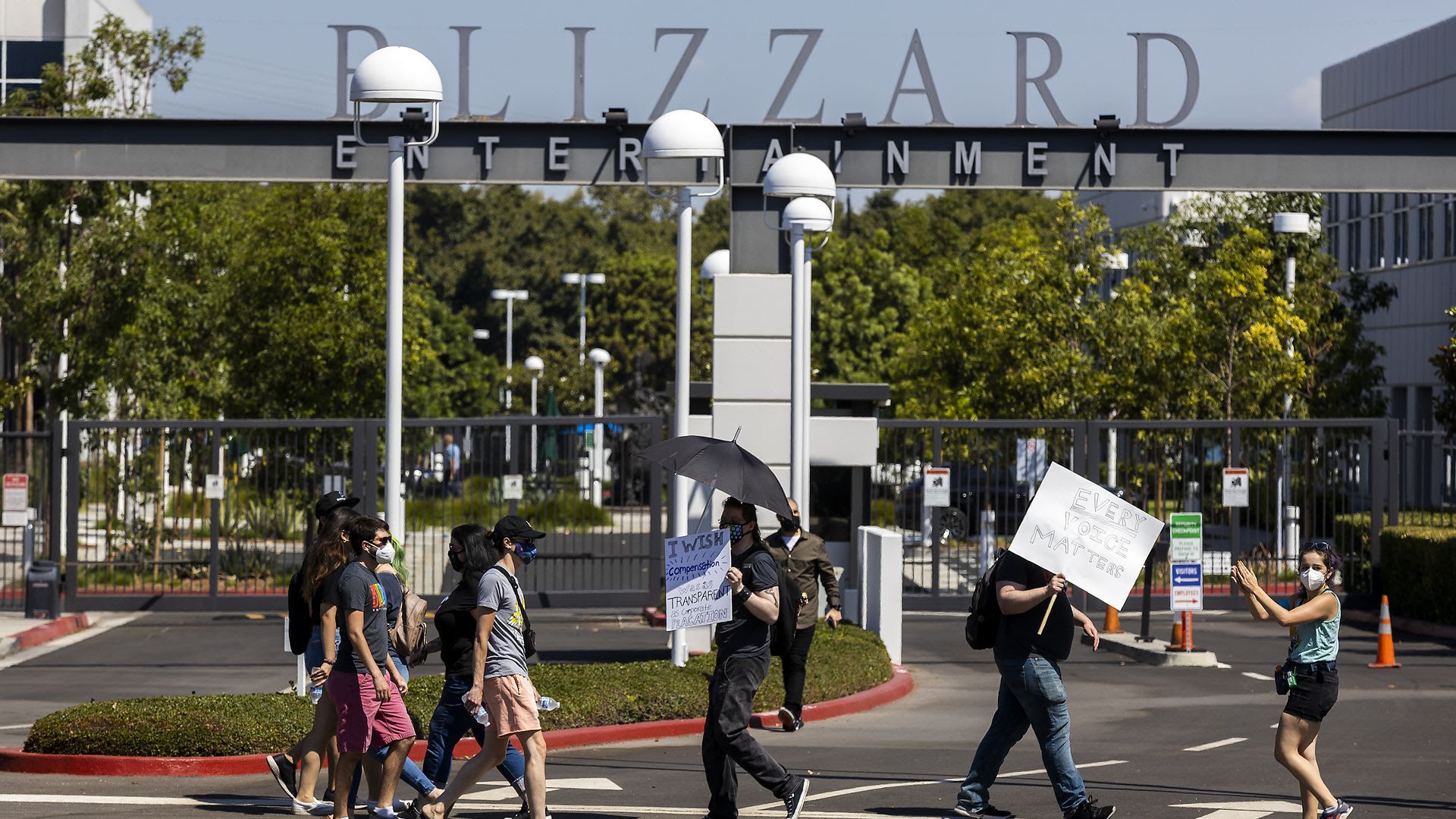Protesters in front of Activision Blizzard's studio
