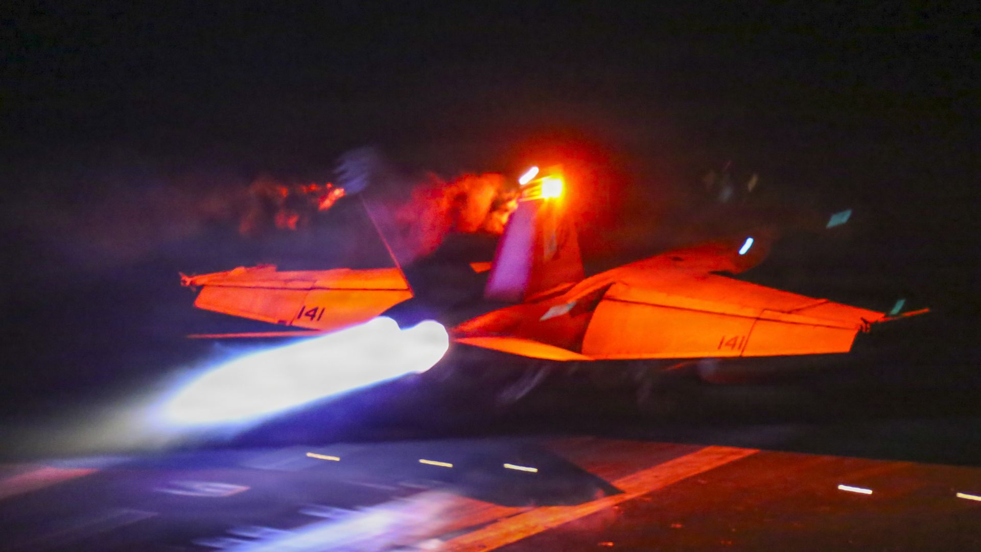 An F/A-18F Super Hornet launches from the flight deck of the aircraft carrier USS Abraham Lincoln in support of Operation Epic Fury in the U.S. Central Command area of responsibility, March 1, 2026. (Navy)