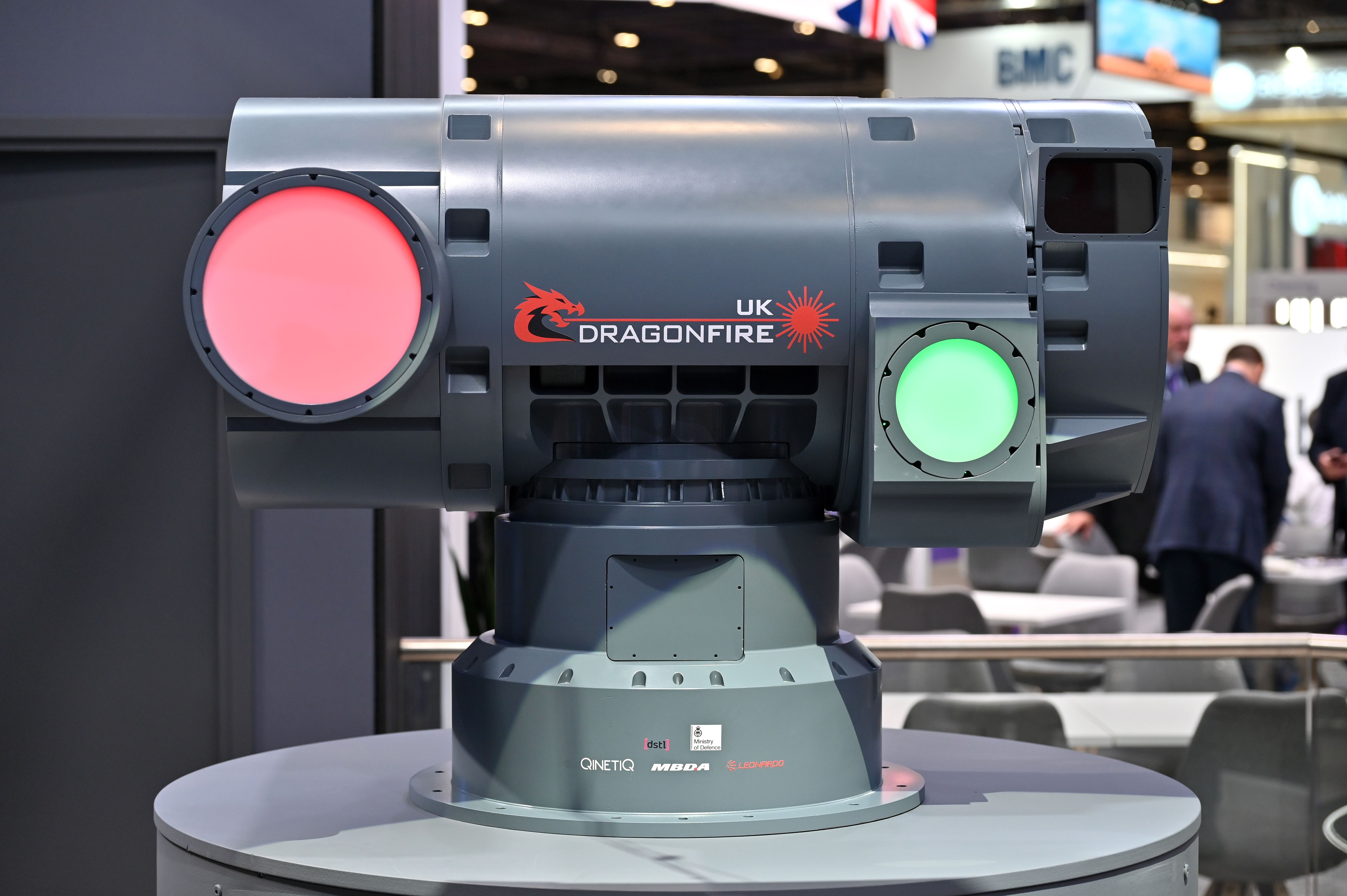 A turret-mounted DragonFire directed-energy laser weapon is shown at the DSEI exhibition in London.