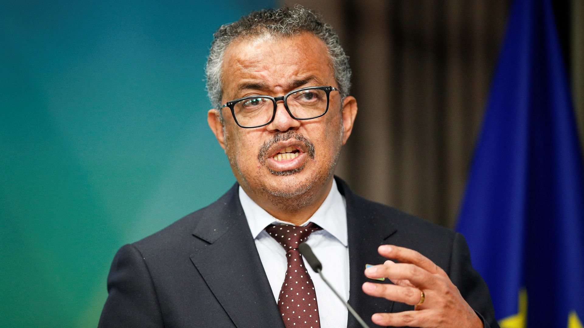 World Health Organization Tedros Adhanom Ghebreyesus gives a statement on the coronavirusat The European Council Building in Brussels on February 18, 2022.