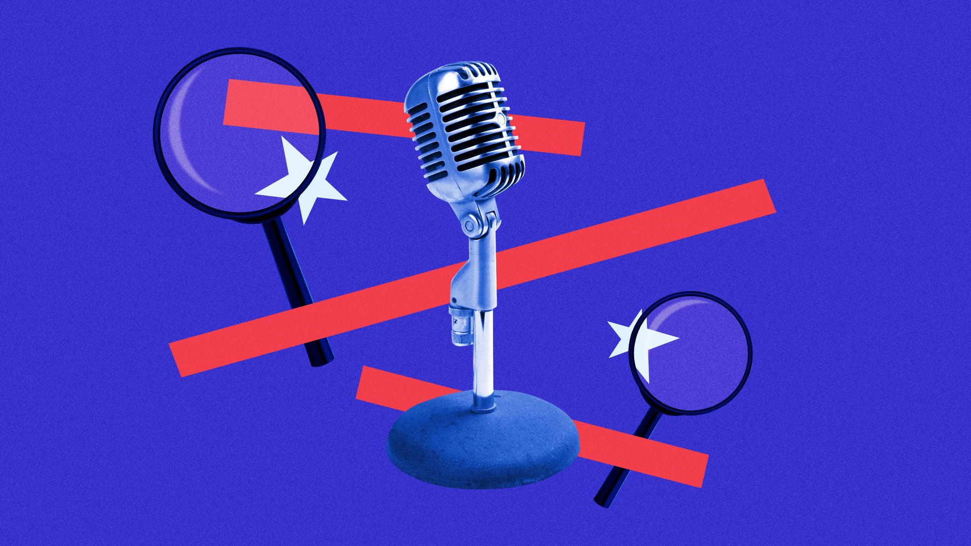 Illustration of collage with microphone, magnifying glasses, stars, and stripes.