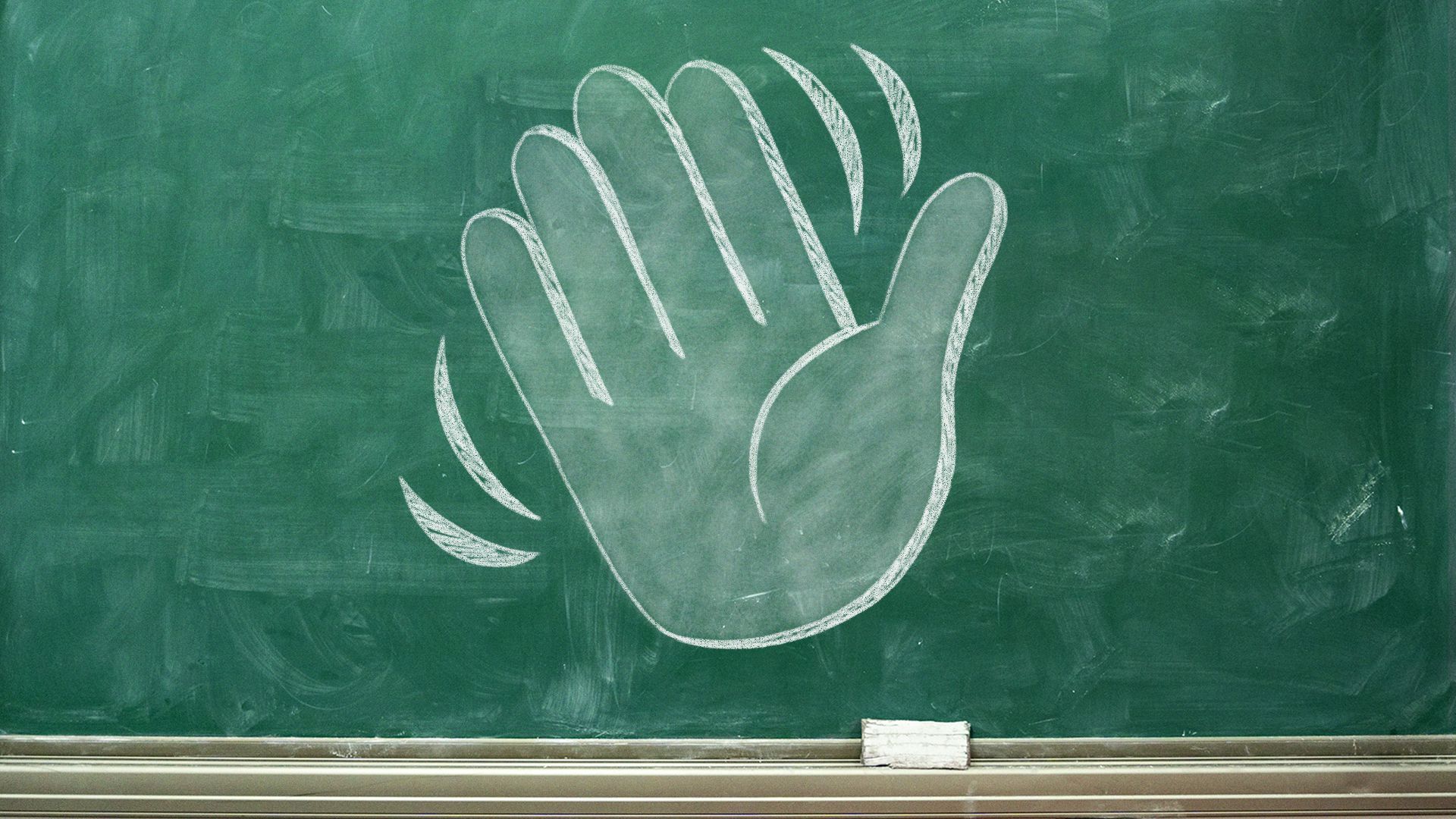Illustration of a chalkboard with a waving hand emoji drawn on it.