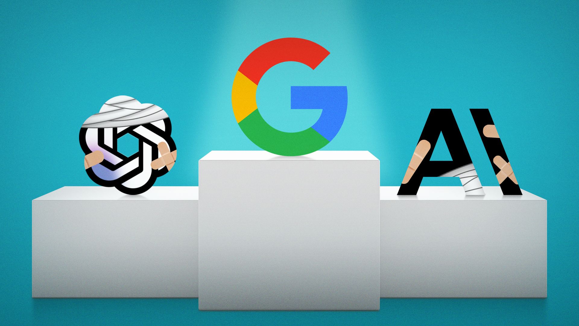 Illustration of the Google, OpenAI, and Anthropic logos on a winners podium. The OpenAI and Anthropic logos are covered in bandages.