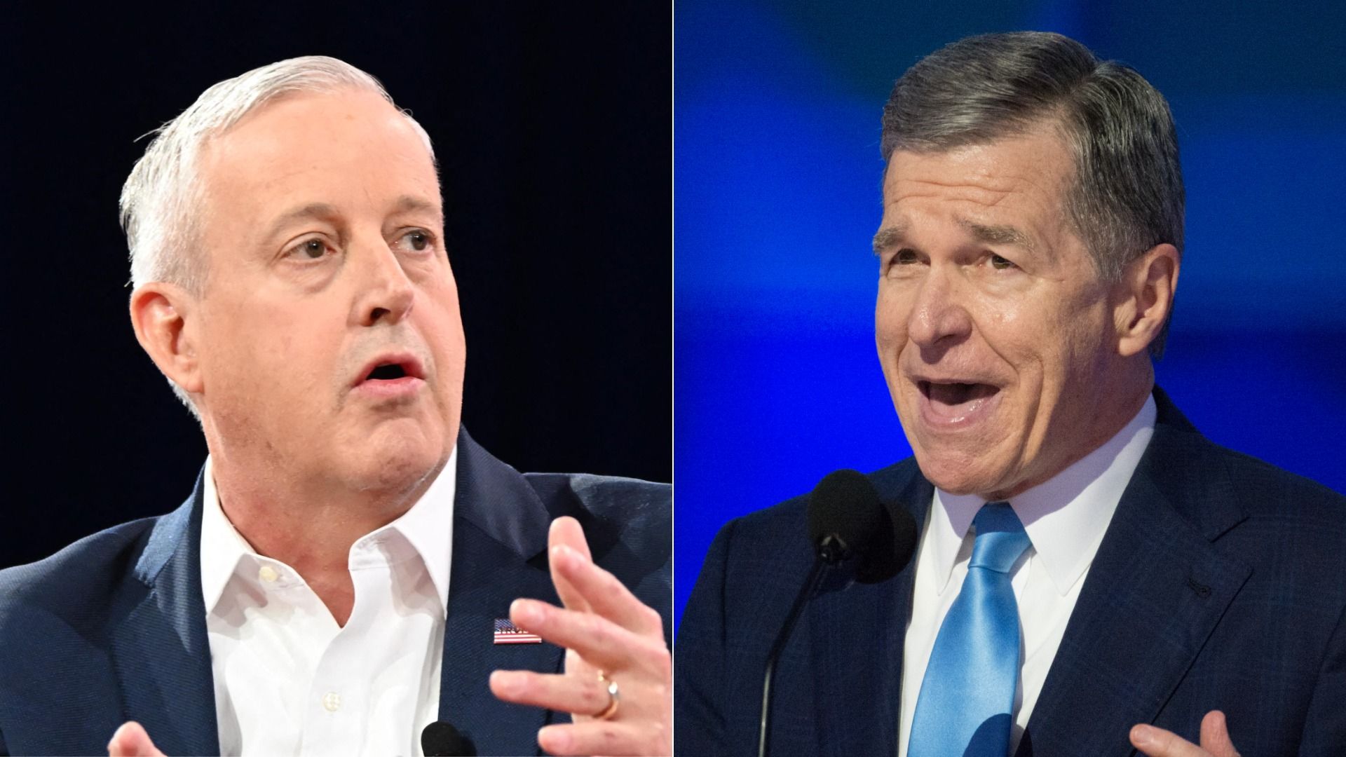 Split image of two men speaking. Left: Michael Whatley who has short gray hair in dark blazer, white shirt, speaking with hand raised. Right: Roy Cooper who has dark hair in dark suit, white shirt, blue tie, speaking at microphone.