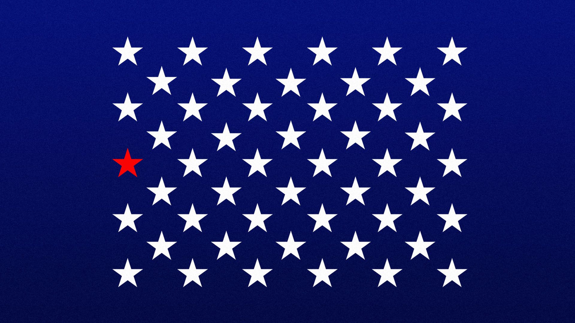 Illustration of one red star representing California amongst the field of 50 white stars on the United States flag