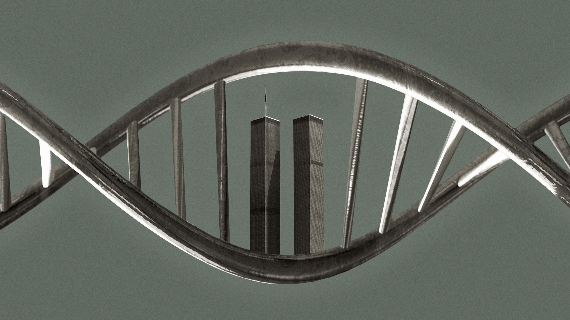 Illustration of a DNA strand with the Twin Towers as the base pairs.