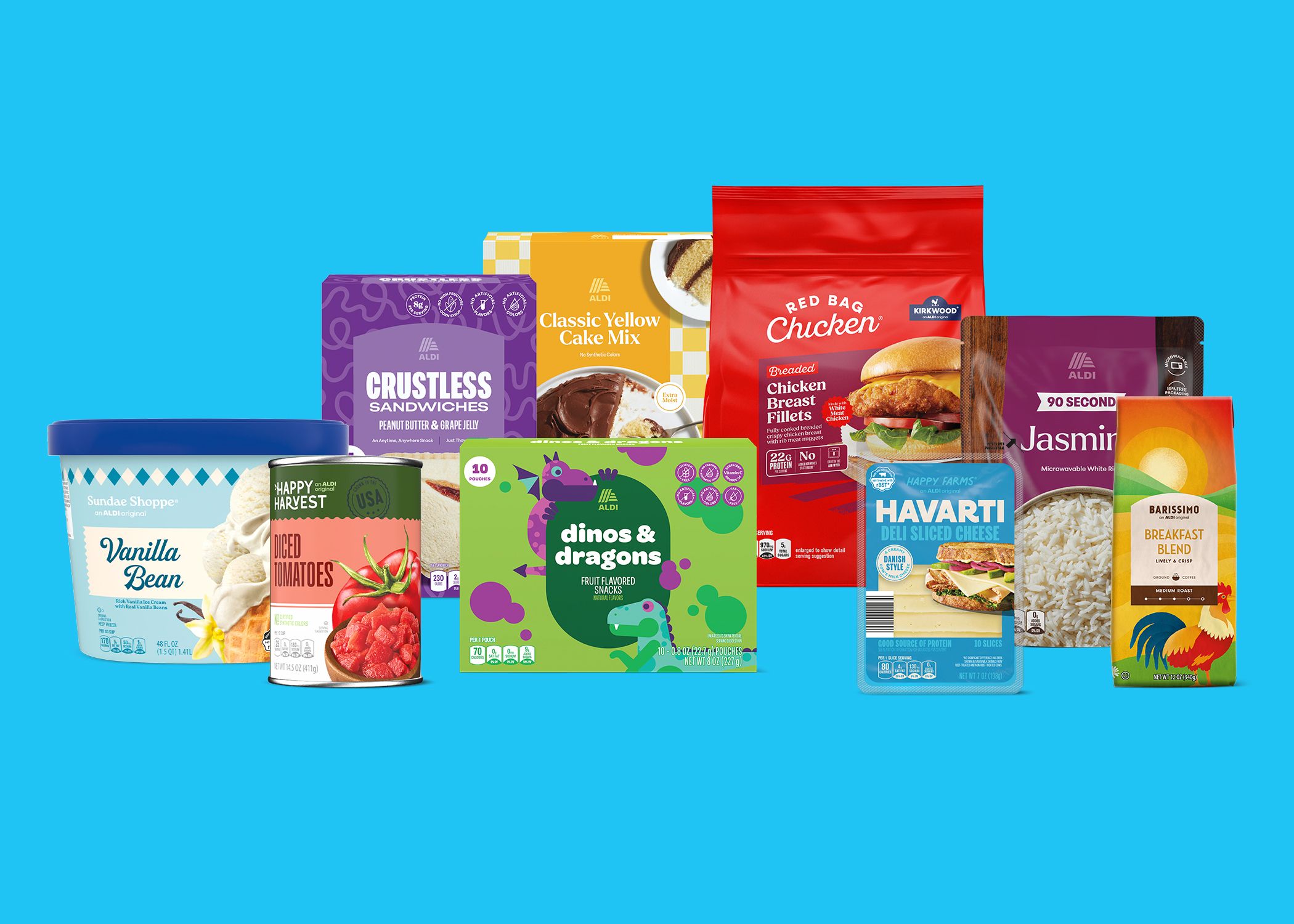 Various Aldi branded food items on blue background that show some of the company's new rebranding.