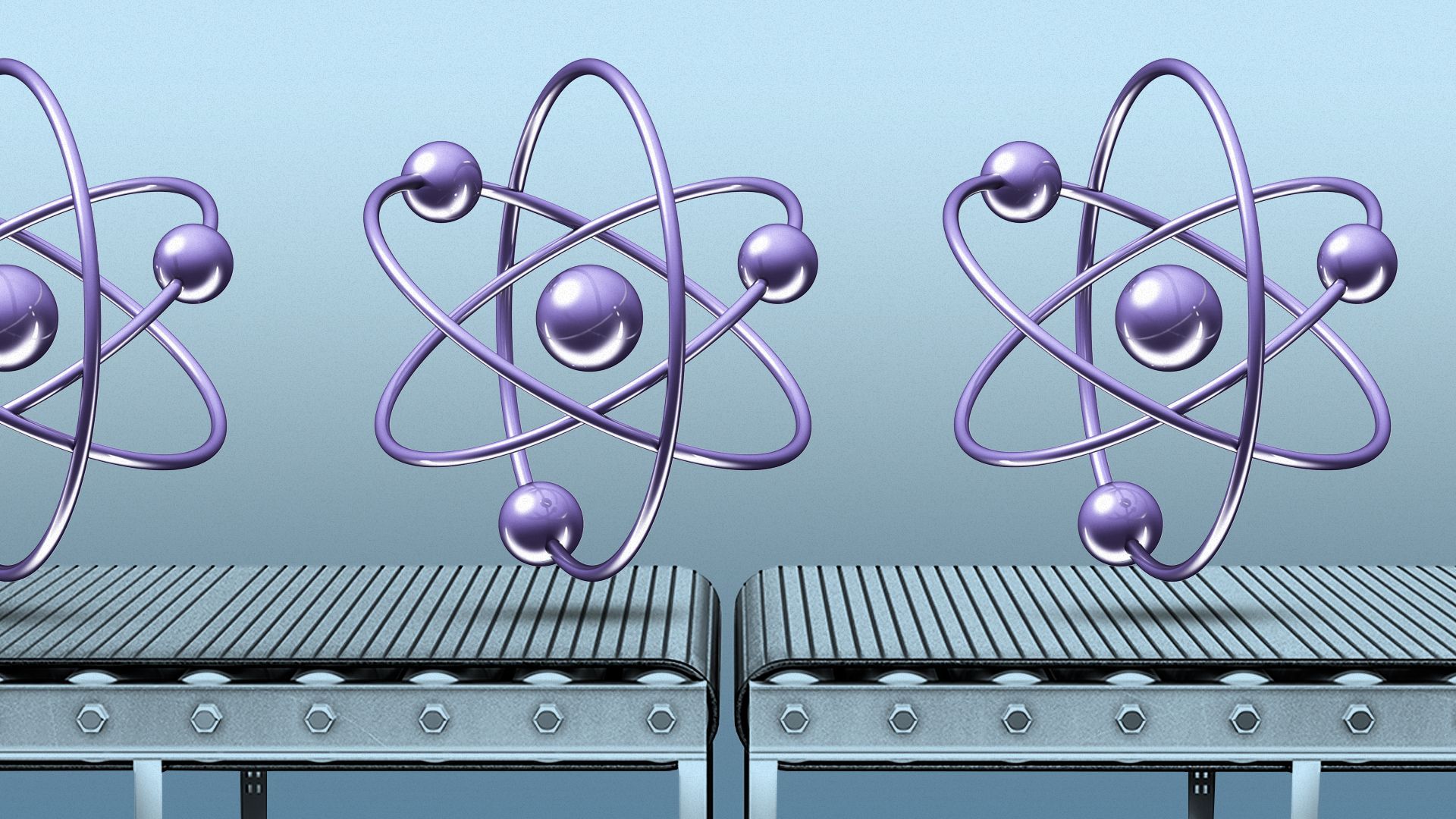 Illustration of atoms floating above a conveyor belt