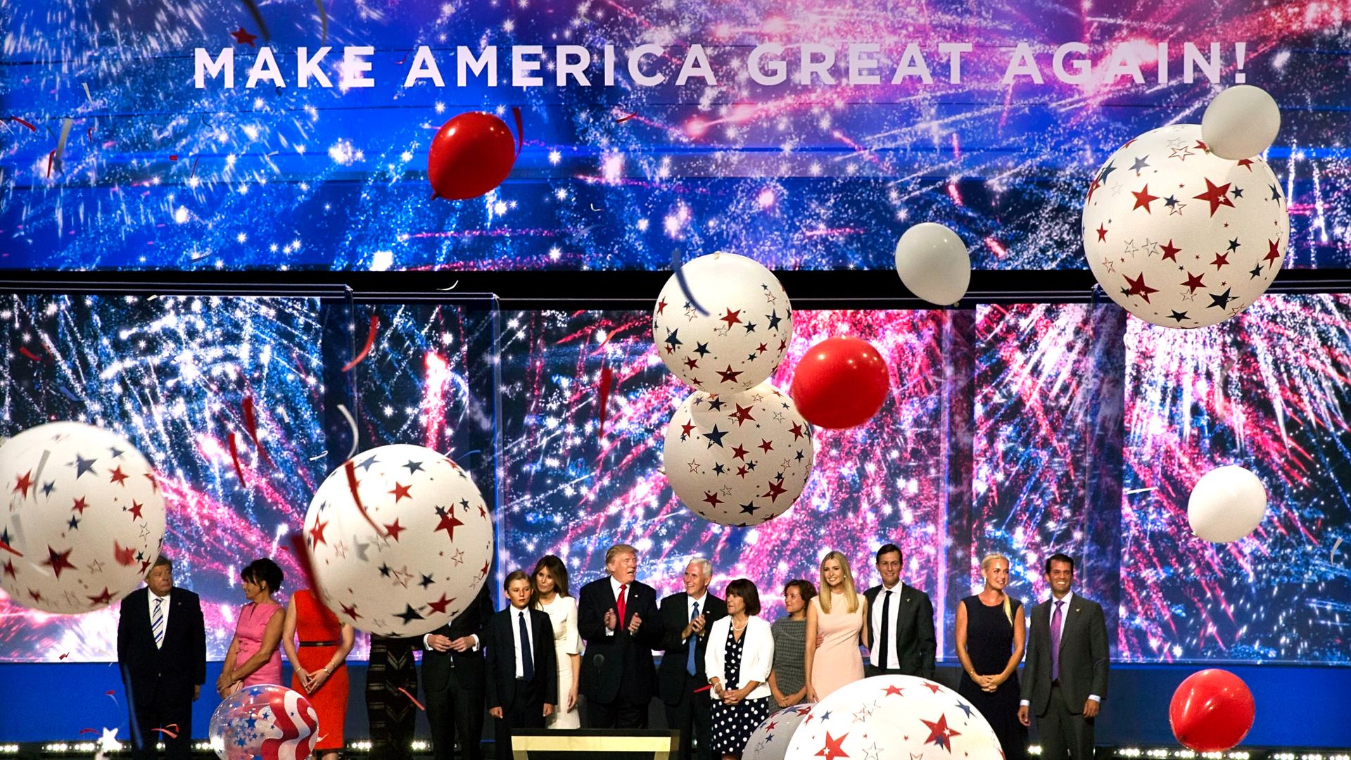 Donald Trump, Mike Pence and their families at the Republican National Convention in 2016.