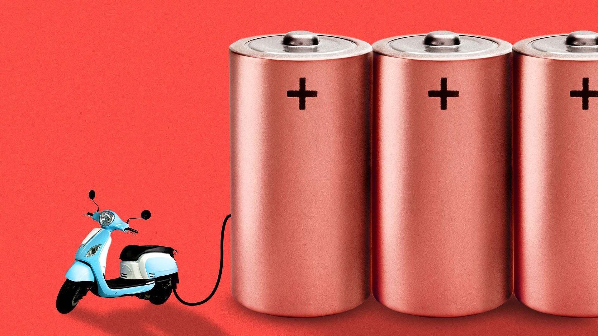 A moped connected to batteries