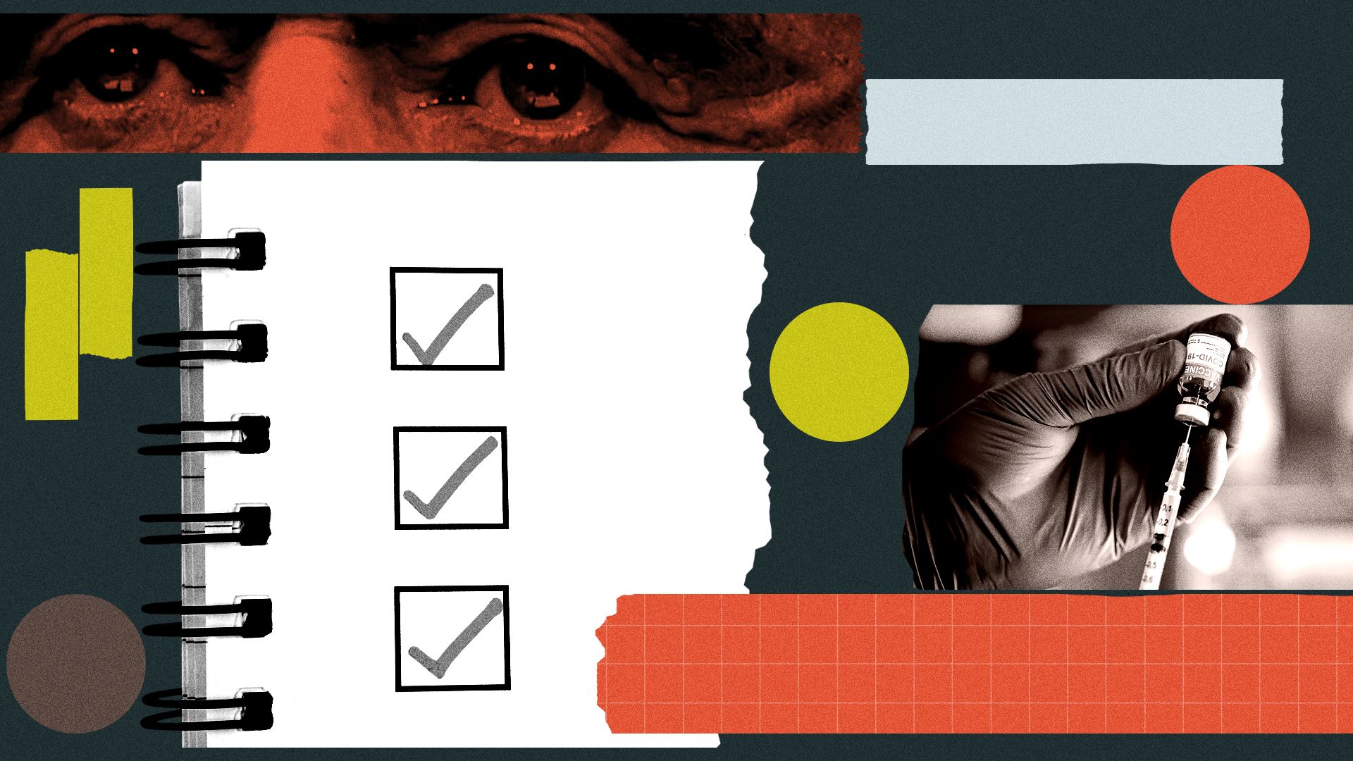 Photo illustration of a checklist and Robert F. Kennedy, Jr. surrounded by vaccine imagery and abstract shapes.