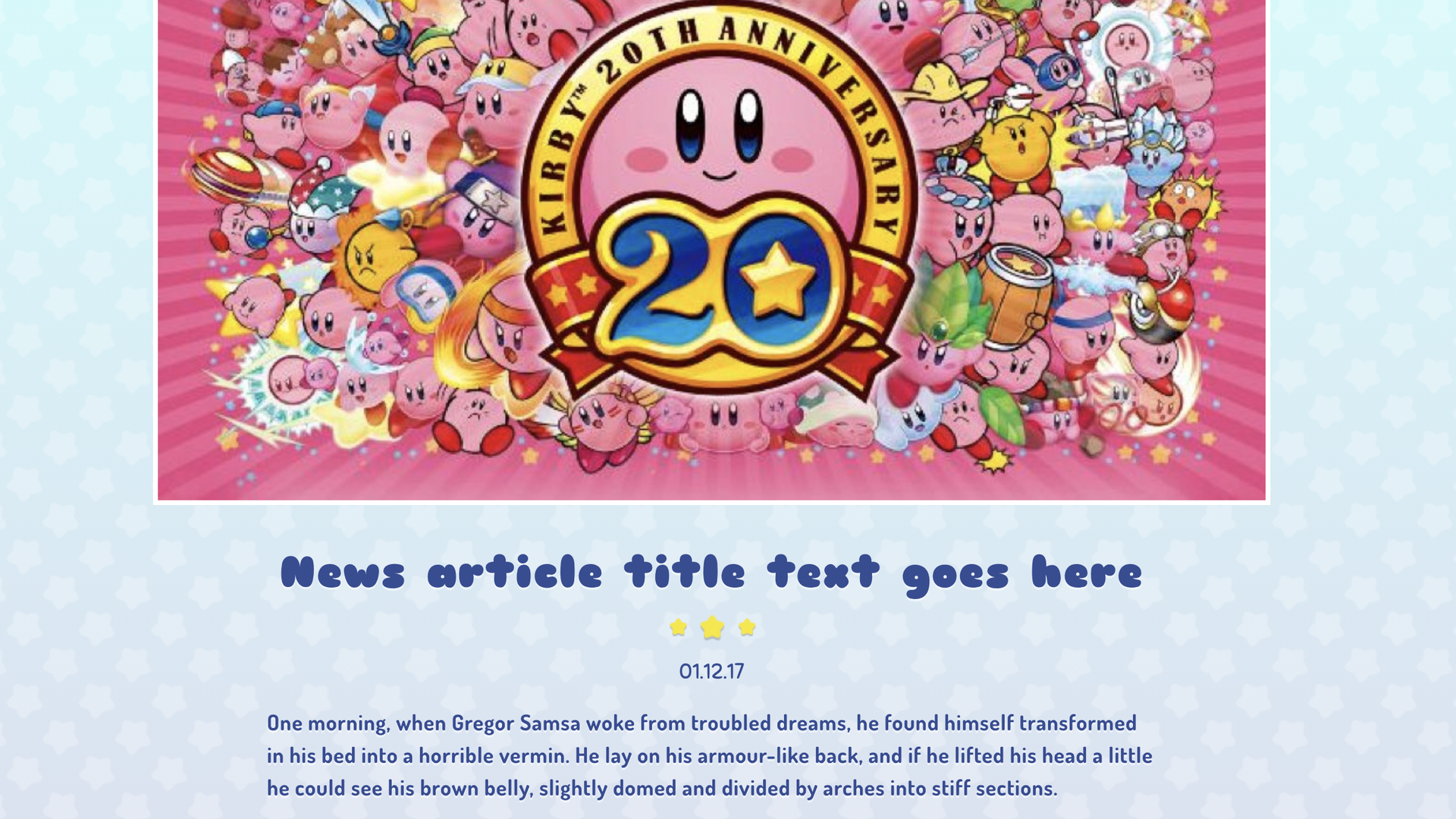 Screenshot of a website featuring the character Kirby and text from Kafka