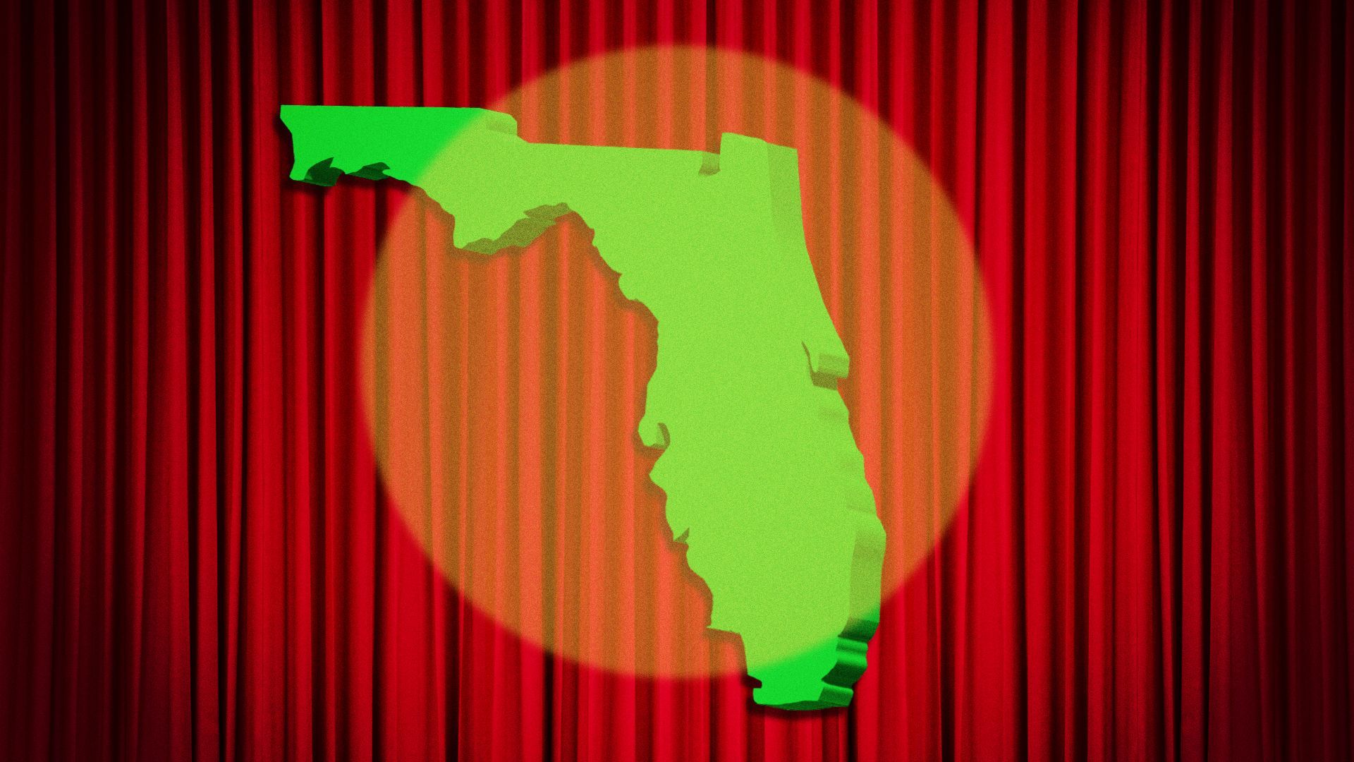 Illustration of Florida in a spotlight against a red curtain. 