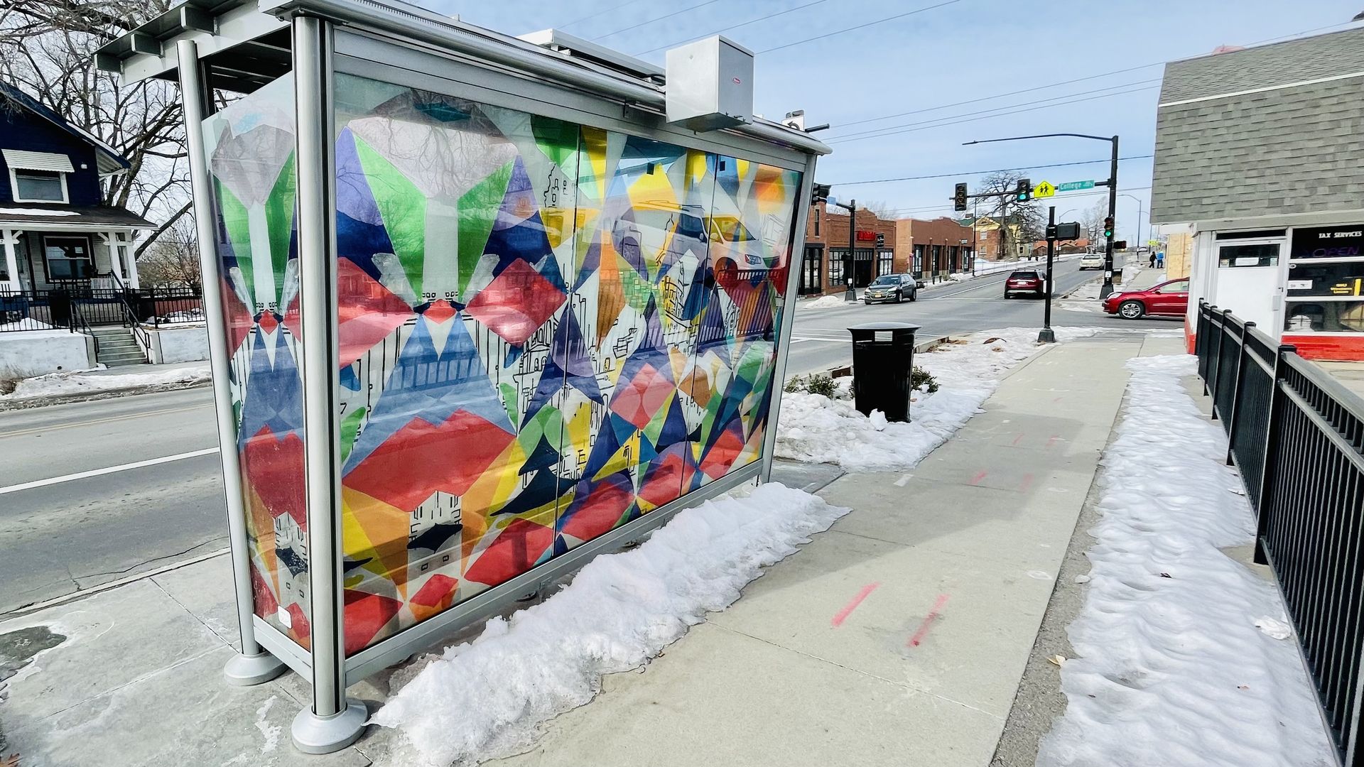 A photo of a bus shelter in Des Moines.