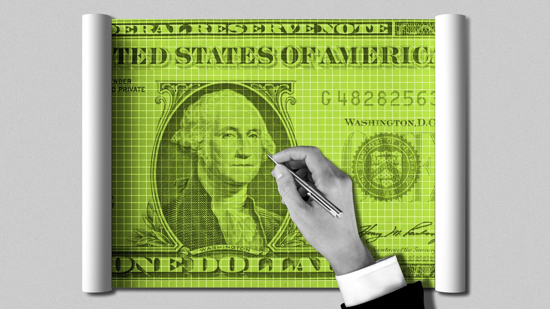 Illustration of a hand examining a dollar as a blueprint