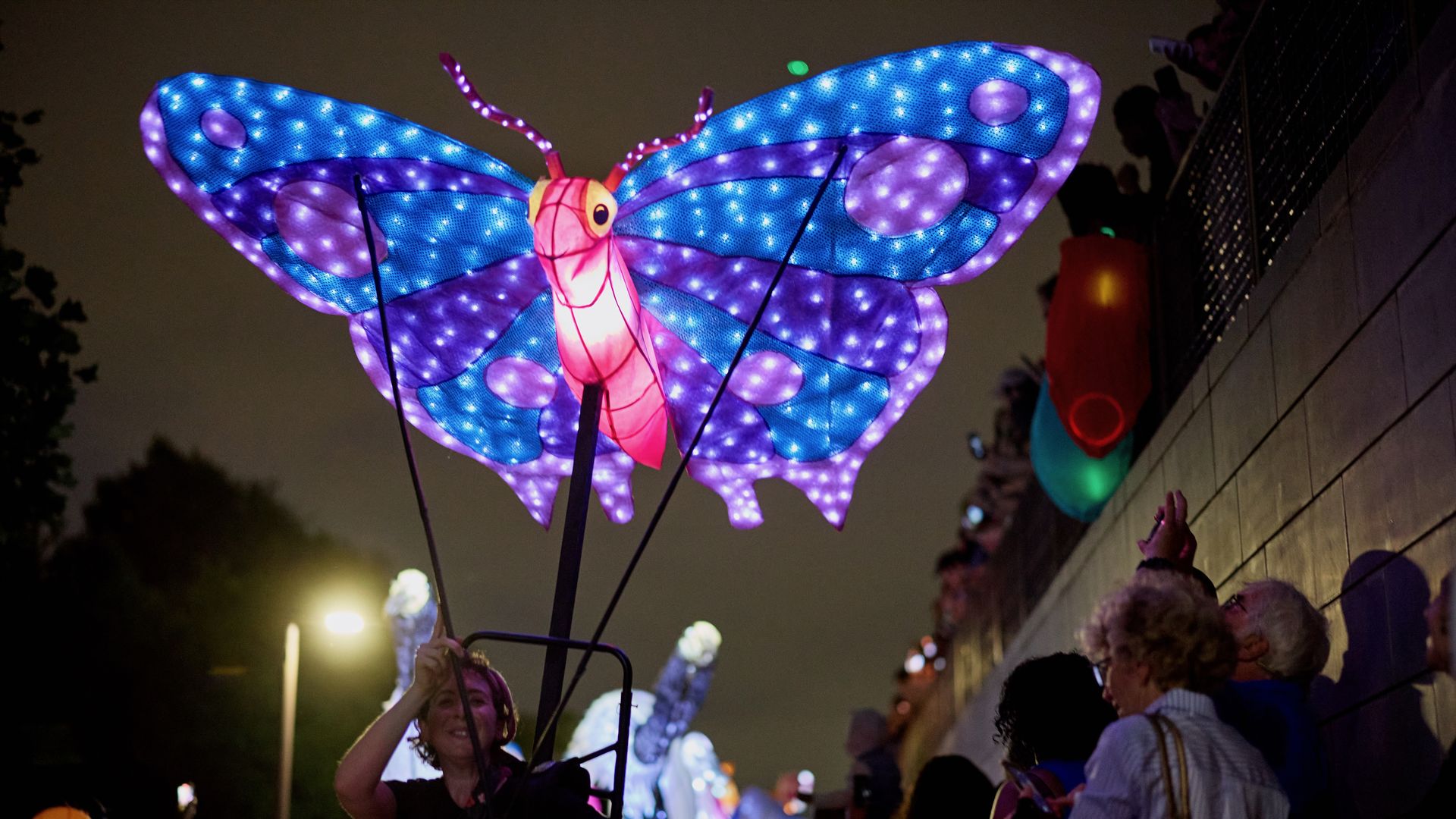 A large illuminated butterfly lantern with blue and purple wings, dotted with lights and a pink body, mounted on poles at night, as a parade crowd watches along a building.