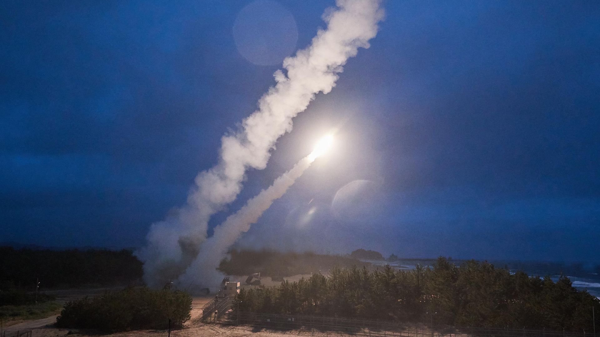 A a missile is fired during a joint training between the United States and South Korea on June 6, 2022 in East Coast, South Korea