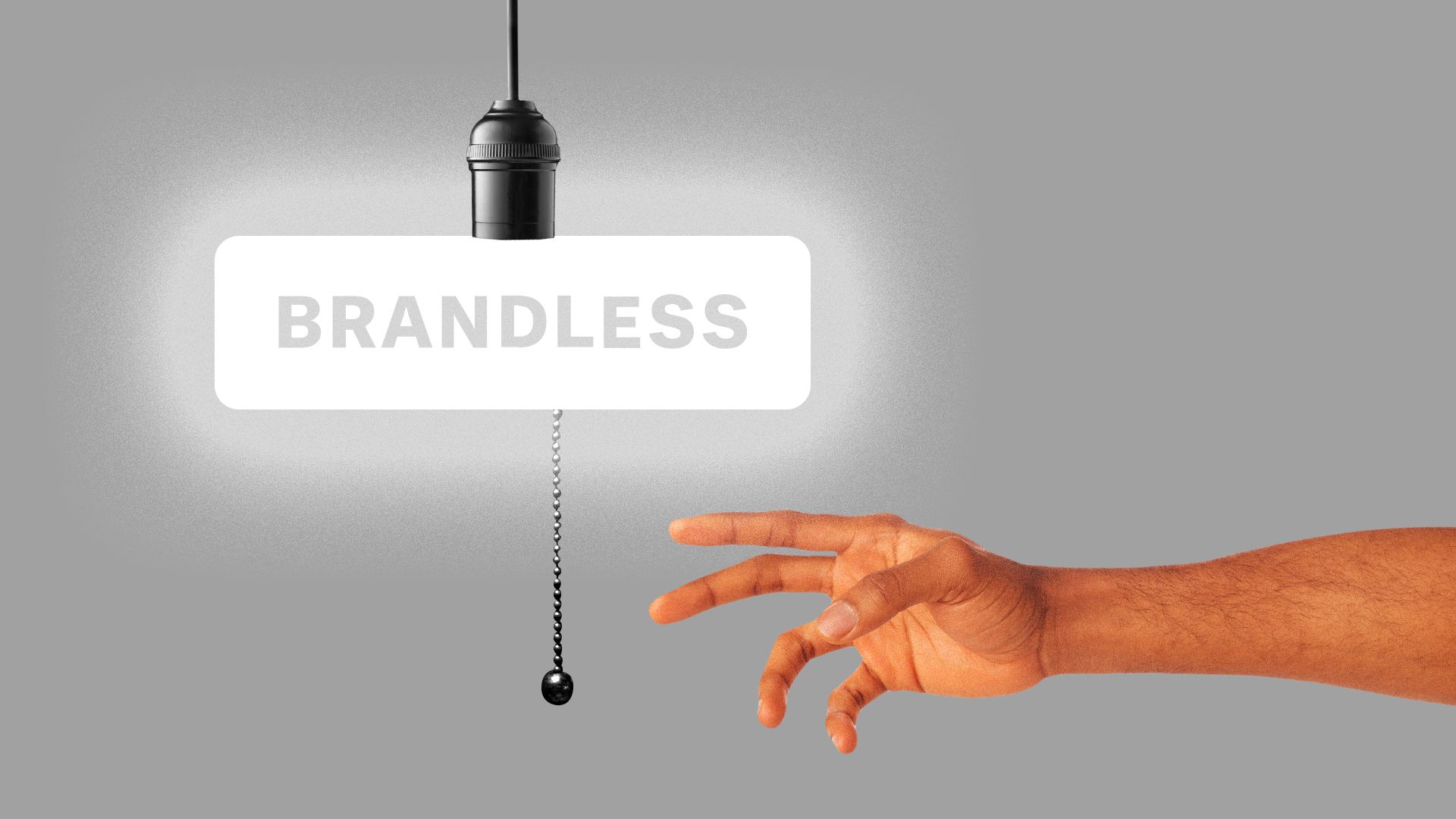 Illustration of the Brandless logo as a lightbulb with a hand reaching out to pull it's chain and turn it off.