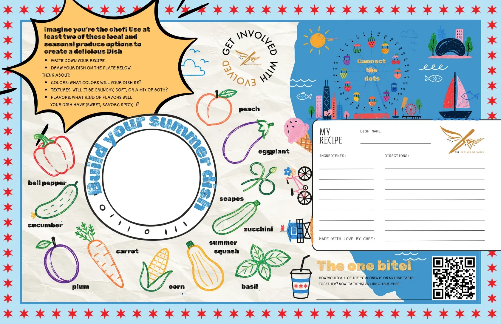 Bright poster "Build Your Summer Dish" with a circular plate outline, drawings of vegetables labeled bell pepper, cucumber, carrot, corn, eggplant, zucchini, basil, squash, peach, and a recipe form.