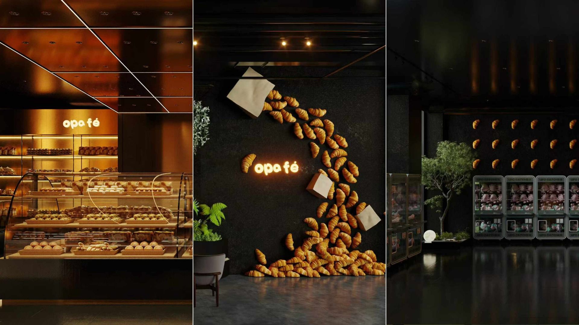 Triptych bakery scene: left warm display of pastries in a glass case; center neon "opa fé" with croissants scattered around pastry boxes; right dark room with croissant-pattern wall and vending shelves.