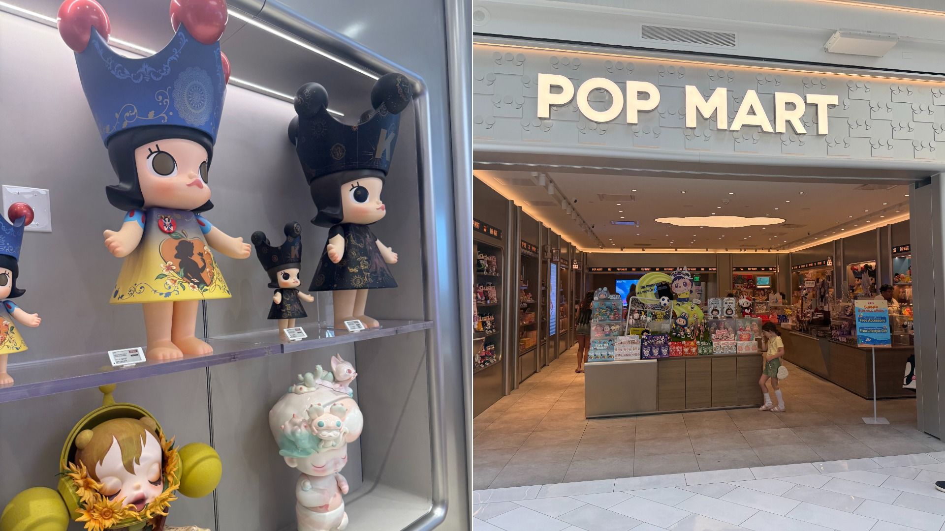 Left: display case with oversized vinyl dolls wearing blue crowns and colorful dresses; right: POP MART storefront with bright interior and shoppers inside.
